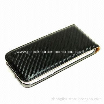 Carbon fiber leather case for iPhone 5/5S, open and close with magnet button